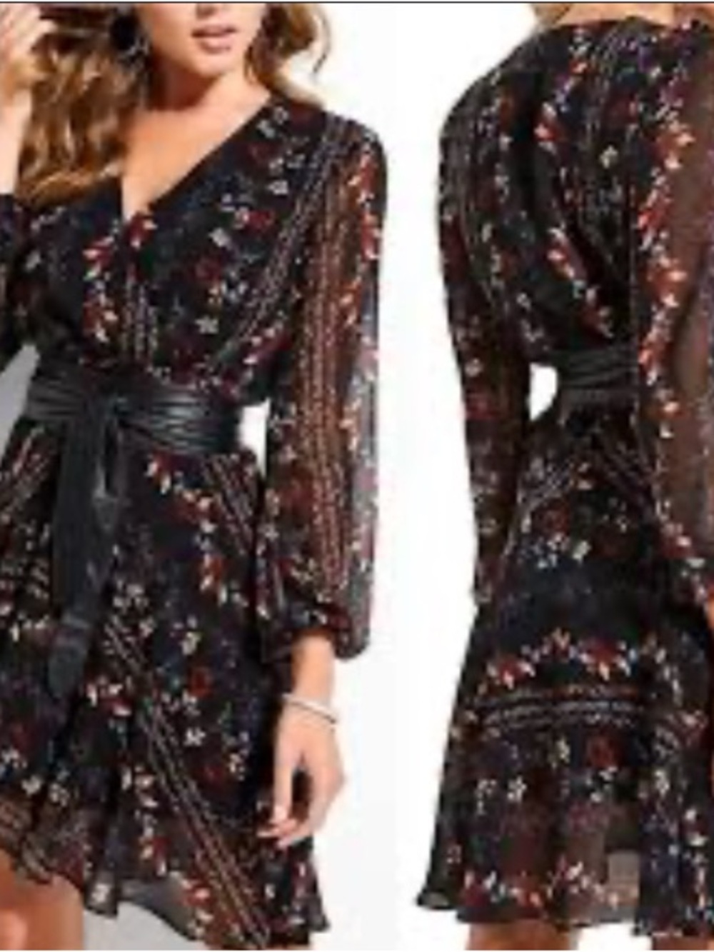 Guess Black Long-Sleeve Floral Wrap Dress with Tie Waist